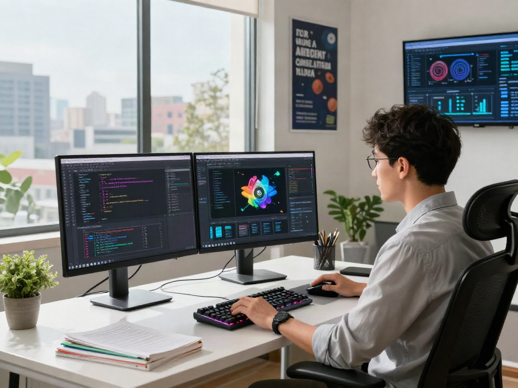 AI-Generated Image Detection tech workspace showcasing dual monitors with code and analytics data.
