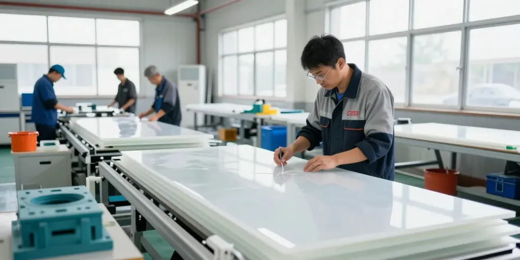Engineered Composites expert inspecting GRP products in a bright manufacturing facility.