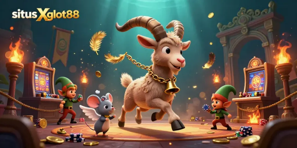 Gambarkan suasana kasino seru di situs Xgslot88 dengan karakter Krampus dan teman-teman dalam aksi menarik.
