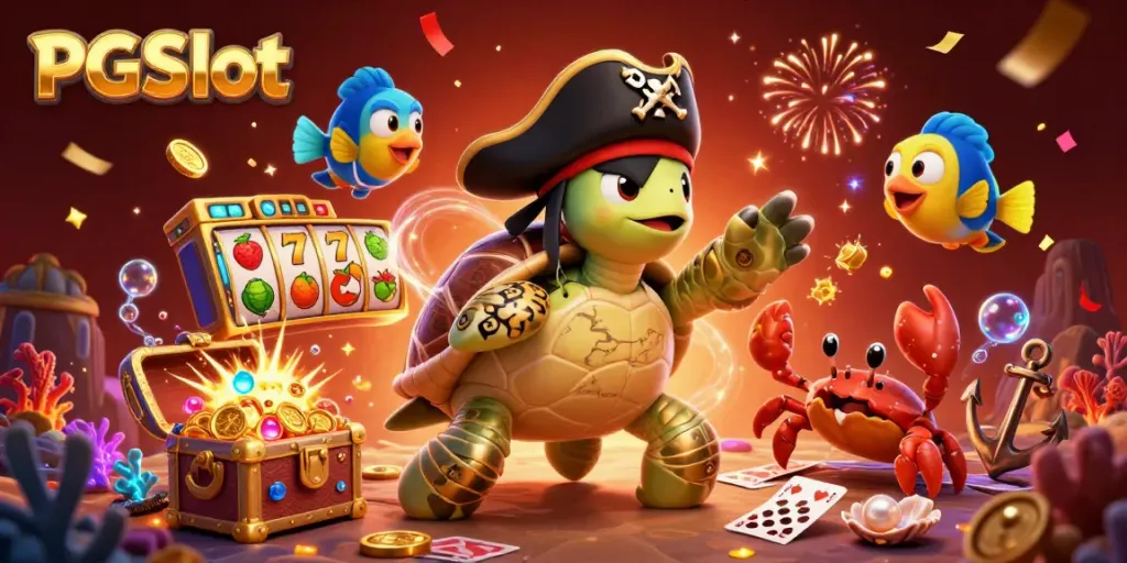 Experience PGSlot excitement with a vibrant 3D scene featuring a pirate turtle and treasures.