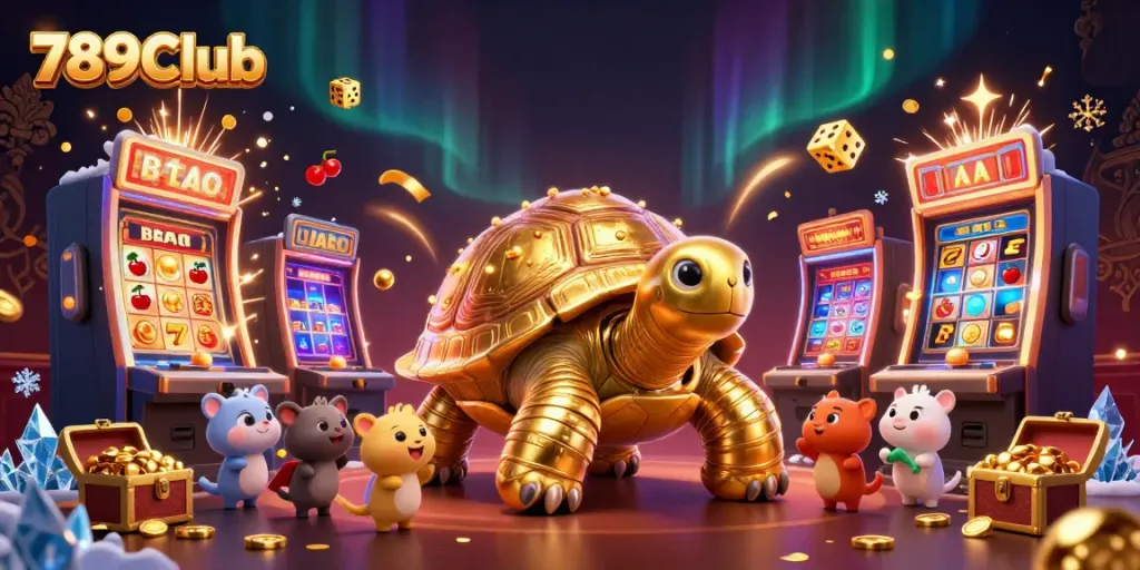 Engaging 3D illustration of 789Club featuring a golden tortoise pinball machine, vibrant casino elements, and dynamic gaming scene.