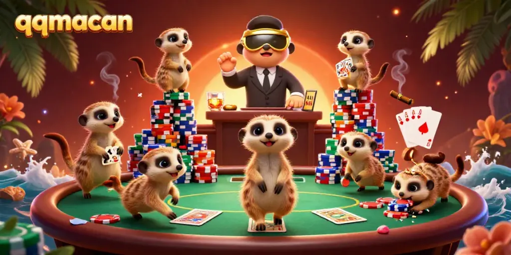 Experience an exciting casino scene with meerkats at qqmacan, showcasing thrilling poker action.