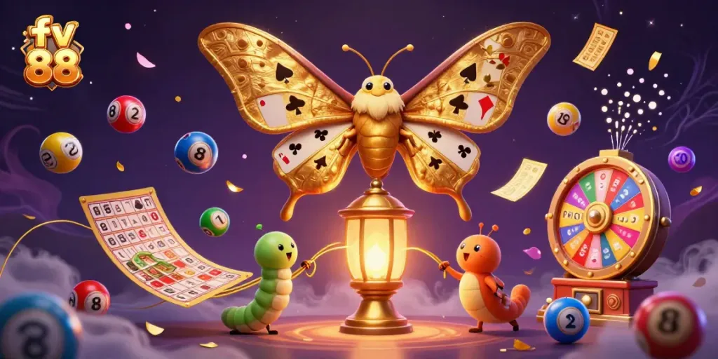 Experience the vibrant casino world of fv 88 with a stunning moth embodying winning playing cards.
