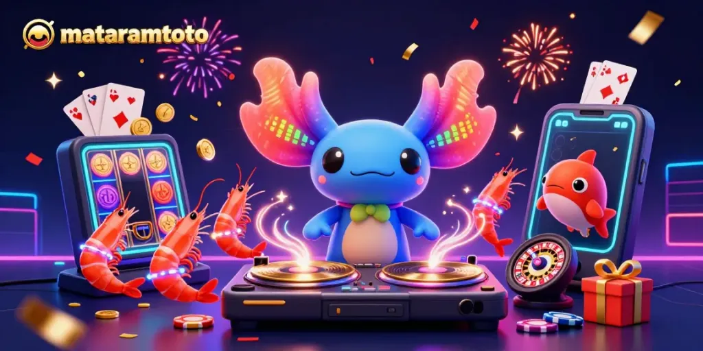 Mataramtoto features a vibrant 3D illustration of a neon axolotl DJ and colorful casino elements.