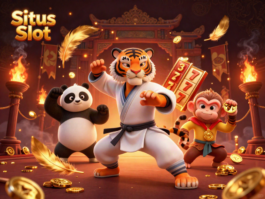 Situs Slot casino illustration featuring a kung fu tiger, panda, and monkey amid slot reels and coins.