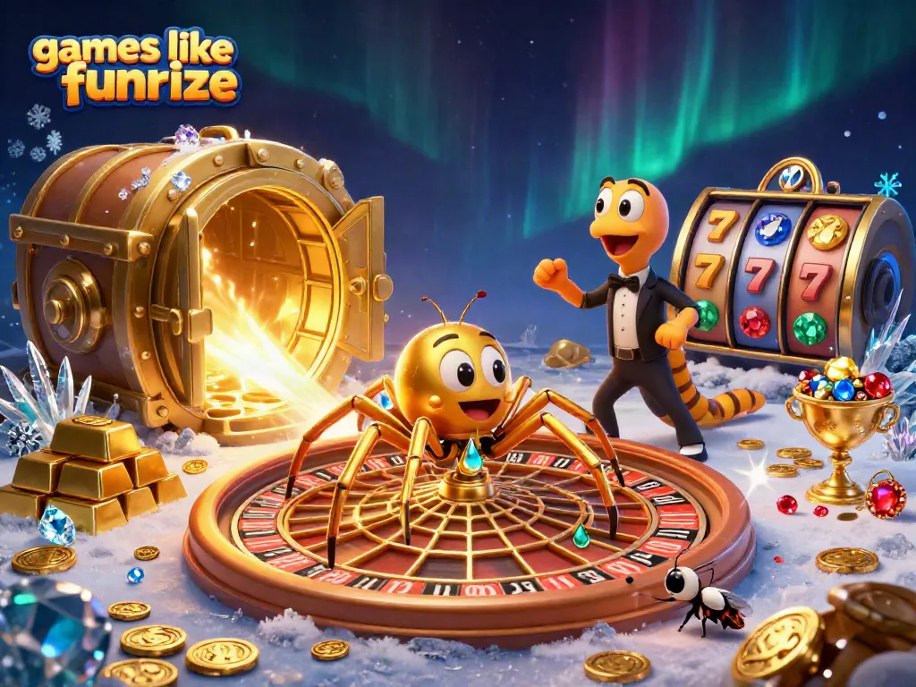 Play gold-infused games like Funrize with a colorful casino-themed scene featuring characters and betting elements.