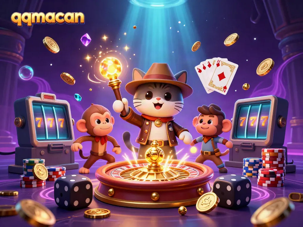 Engage with qqmacan as a cat explorer uncovers casino treasures amidst dazzling gold coins.