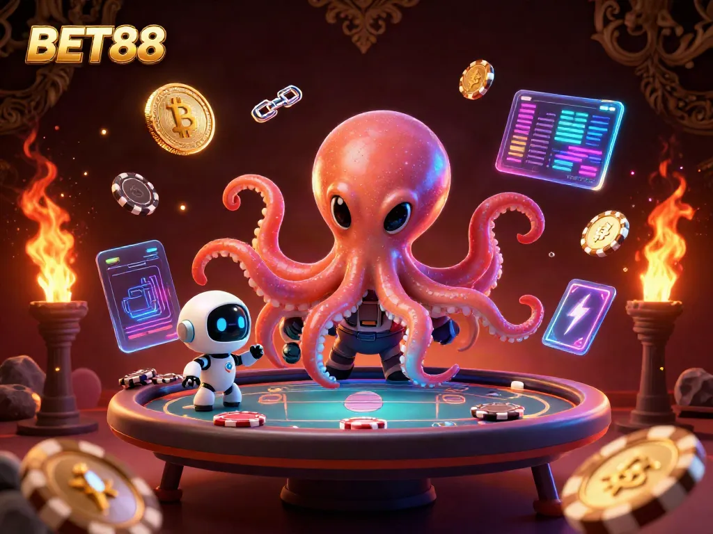 BET88: Hòa mình vào thế giới trực tuyến với hình ảnh sôi động của một bạch tuộc ngoài hành tinh đang chơi poker trong không gian.