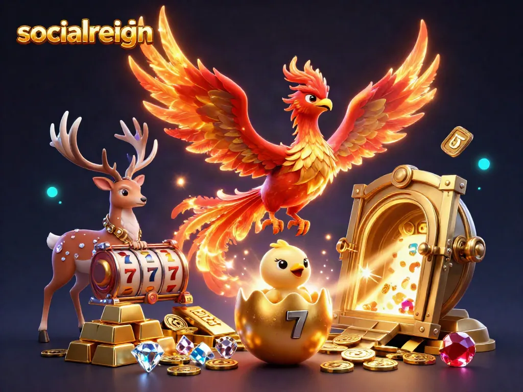 Experience the excitement of socialreign with a vivid 3D casino scene showcasing a fiery phoenix and golden treasures.
