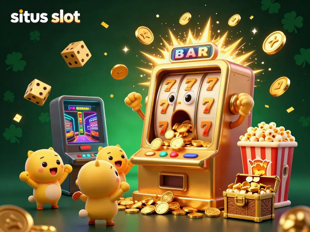 Engage with situs slot illustrated as a golden slot machine celebrates a jackpot, coins flying everywhere.