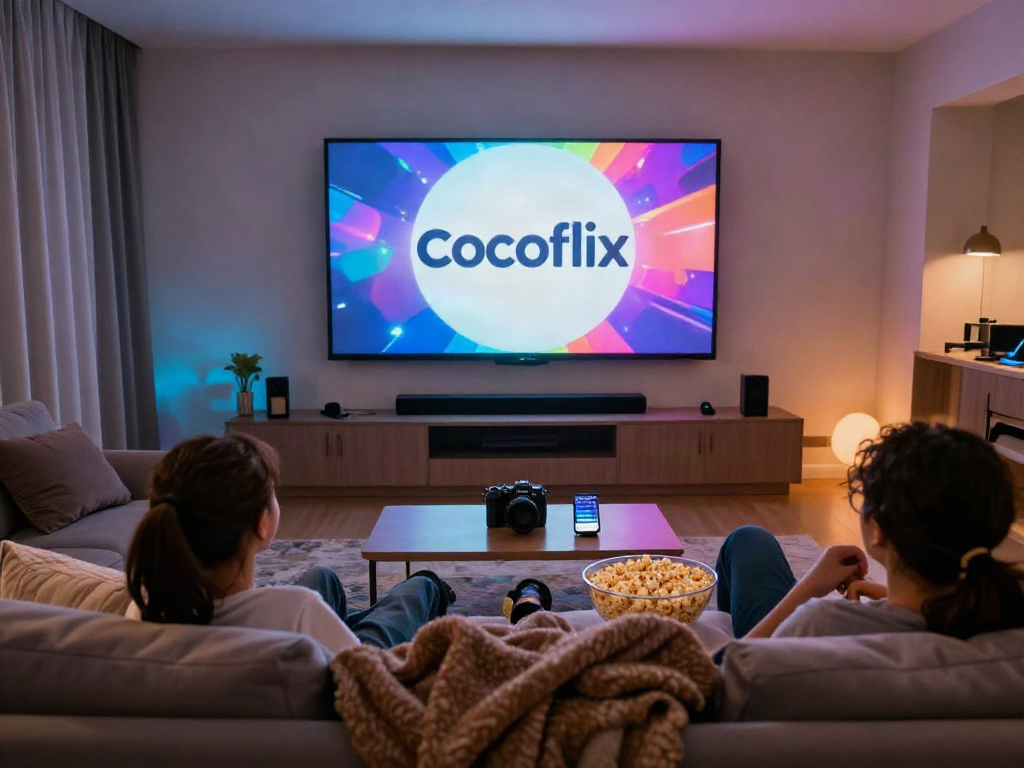 Cocoflix home theater scene featuring a person enjoying a movie night with popcorn and family.