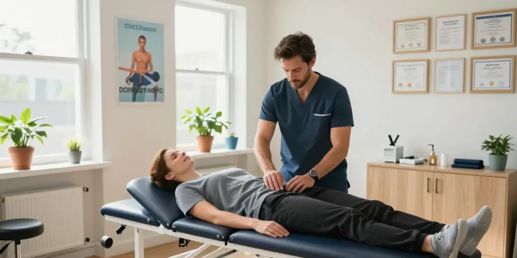 Chiropractor Chatswood adjusting a patient's neck in a welcoming chiropractic clinic, filled with natural light and health certifications.