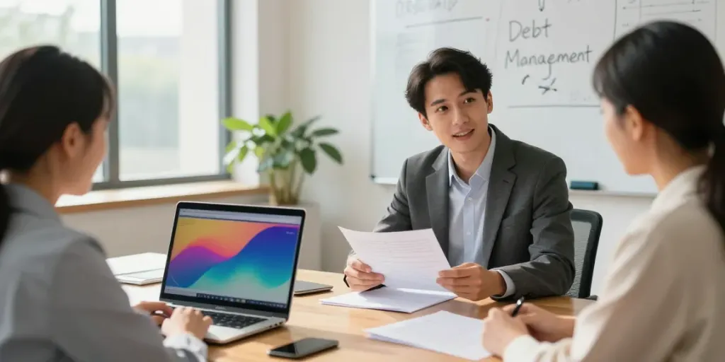 Debt recycling consultation in a modern financial planning office showing client and advisor discussing strategies.
