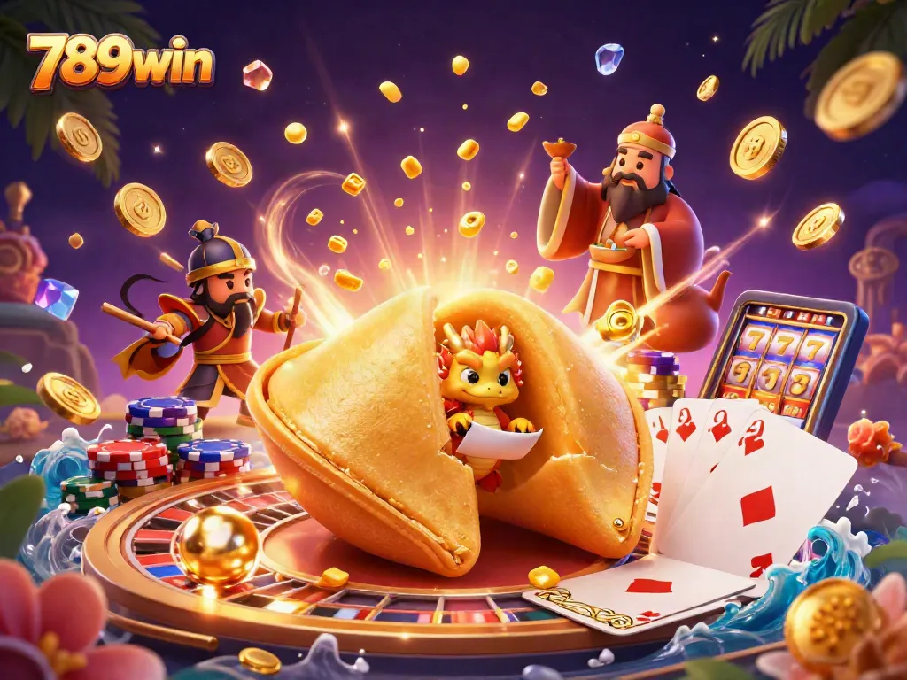Engage with 789win in a lively casino scene featuring cascading coins and a golden fortune cookie.
