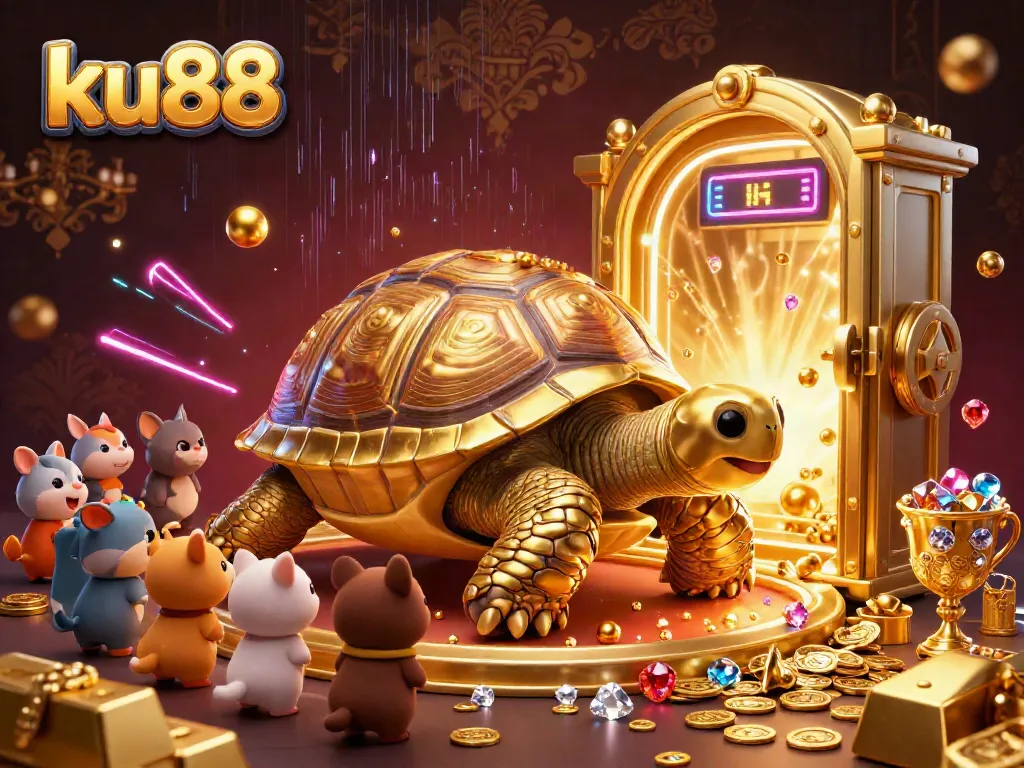 Engage with ku88's thrilling gaming experience featuring a vibrant scene of a pinball tortoise amid treasure and joy.