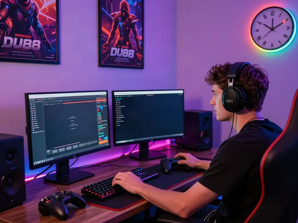 Engaged gamer using DU88 platform during live stream with dual monitors and RGB lighting.