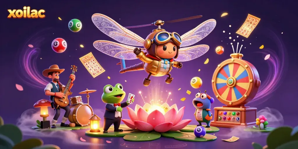 Xoilac engages players with vibrant, animated casino elements revolving around a dragonfly pilot and frog dealer.