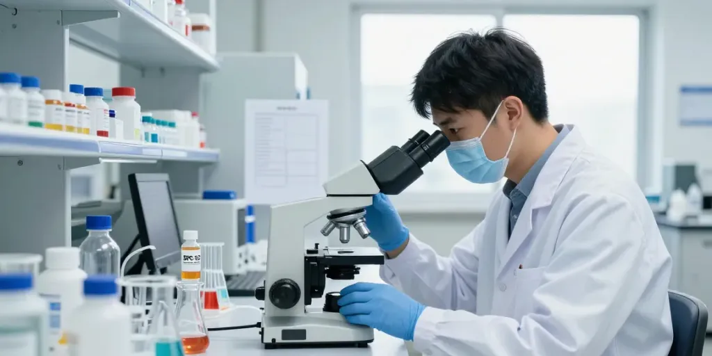 Buy BPC-157 online while a researcher examines the peptide in a lab.