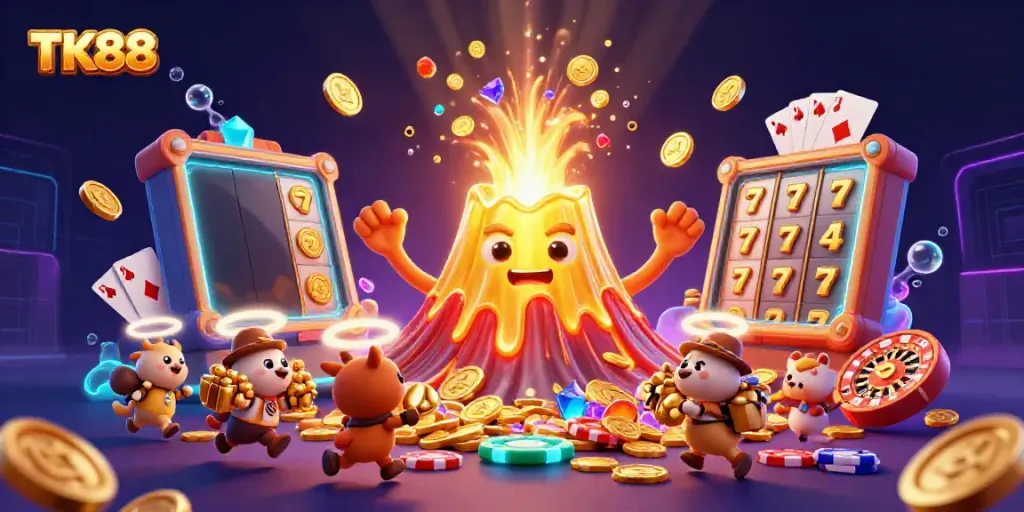 Experience gaming excitement with TK88, featuring a golden volcano erupting treasures in this vibrant casino illustration.