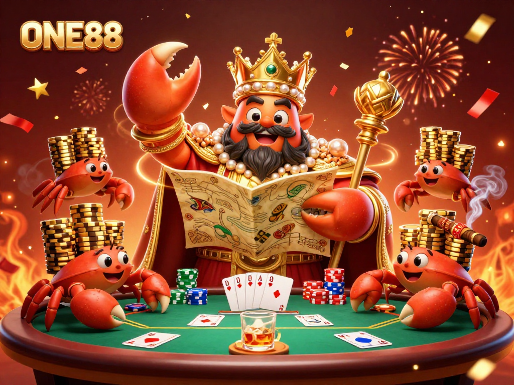 Engaging scene with ONE88's golden crab emperor enjoying poker, surrounded by chips and festive elements.