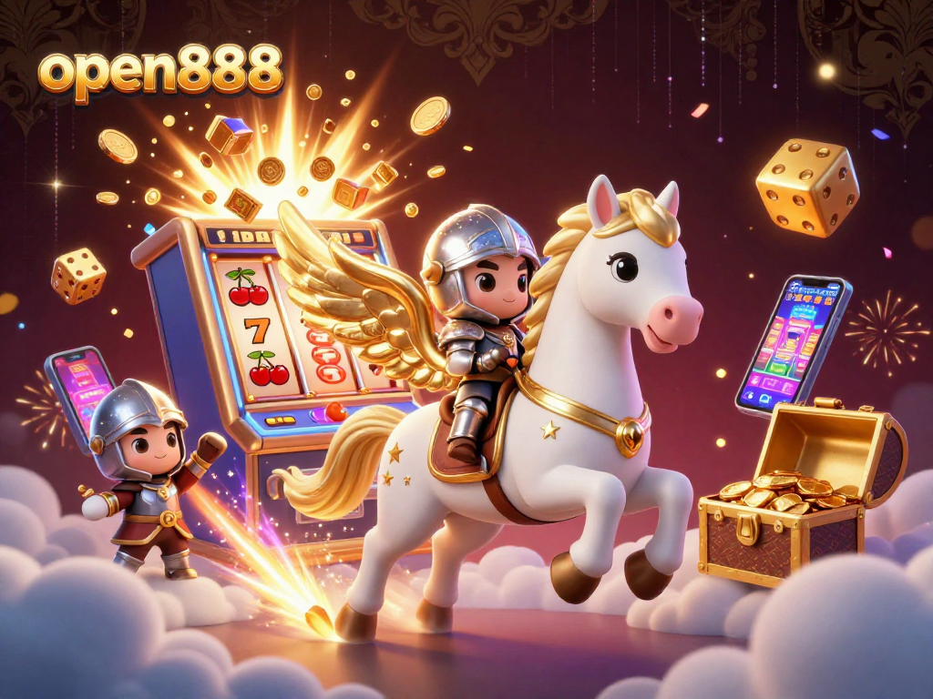 Experience the excitement of open888 with a celestial horse and thrilling casino elements in this vibrant illustration.