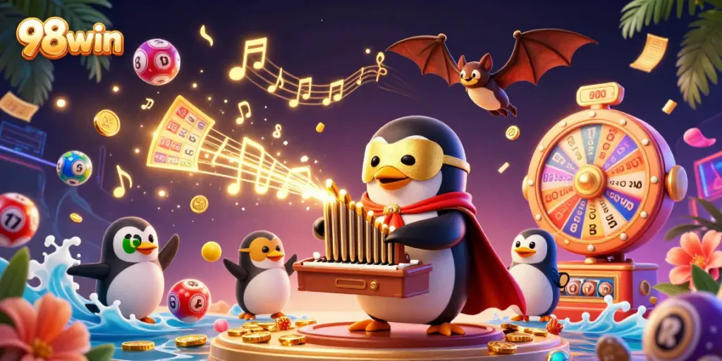 Experience the thrill of 98win with a vibrant 3D casino scene featuring a penguin playing a golden organ.
