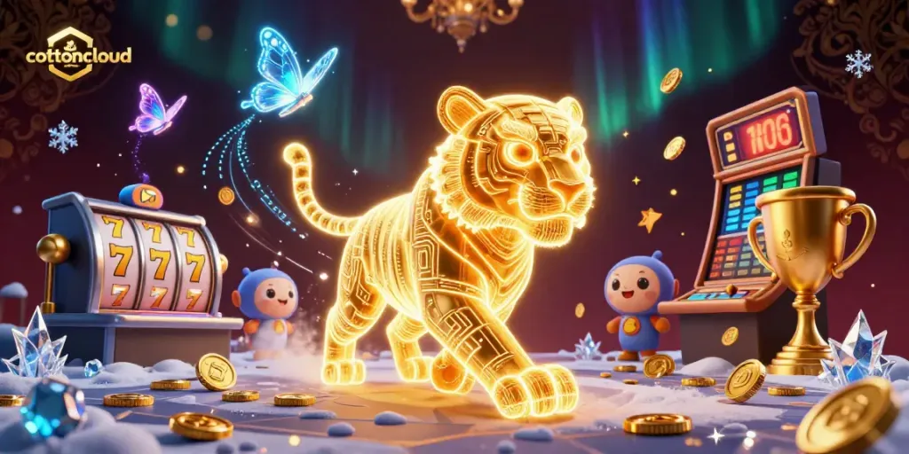 Experience cottoncloud's vibrant casino world with a golden tiger and dynamic slot reels.
