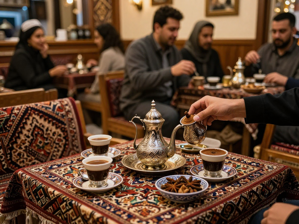 قهوجي وصبابين يقدمون القهوة العربية في مقهى تقليدي، حيث يكتمل الجو بالدفء والتراث الثقافي.