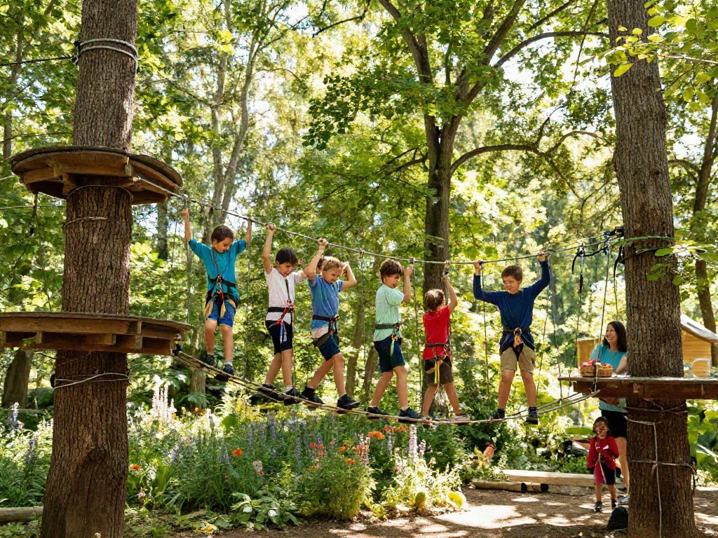 Children joyfully navigating a rope bridge in a forest, capturing adventure and playfulness.