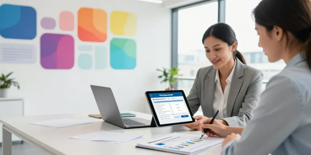 Consultation about commercial loans Brisbane with a mortgage broker in a bright office.