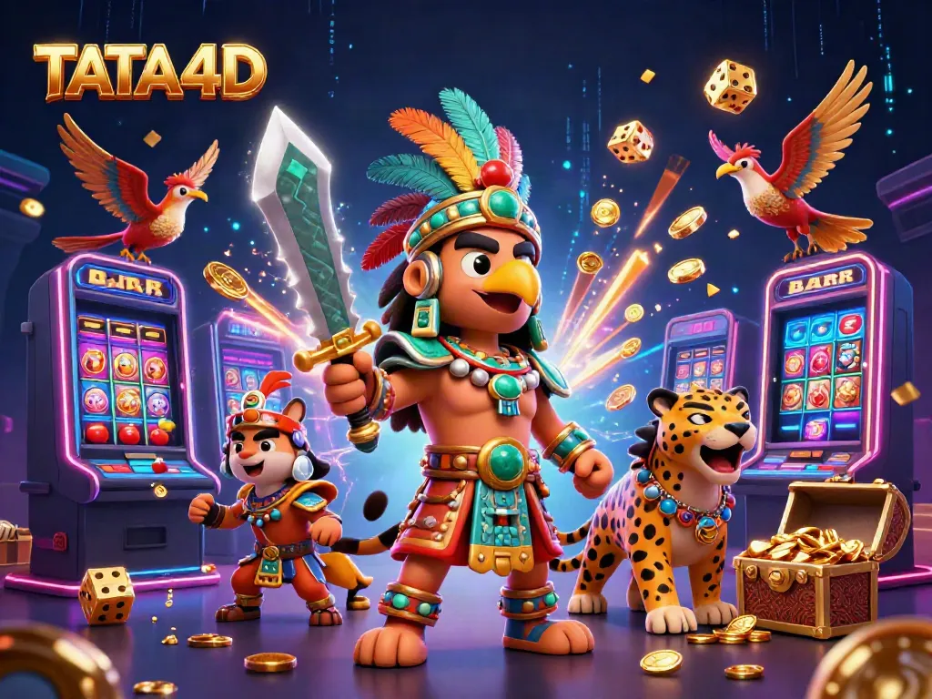 Experience thrilling jackpots and winning vibes at TATA4D with vibrant slot elements and colorful characters.