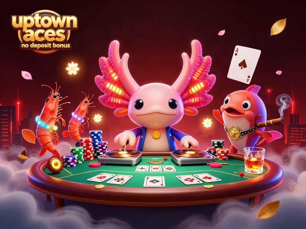 Experience the thrill with Uptown Aces no deposit bonus as cartoon characters spin the reels amidst vibrant casino elements.
