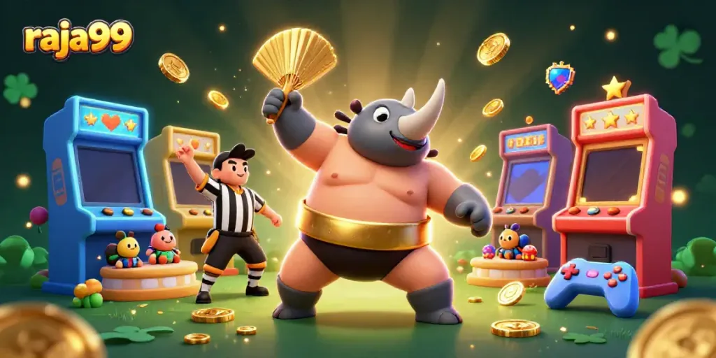 Engage with the raja99 online gaming scene featuring a sumo champion beetle amidst slot machines and bright gaming elements.