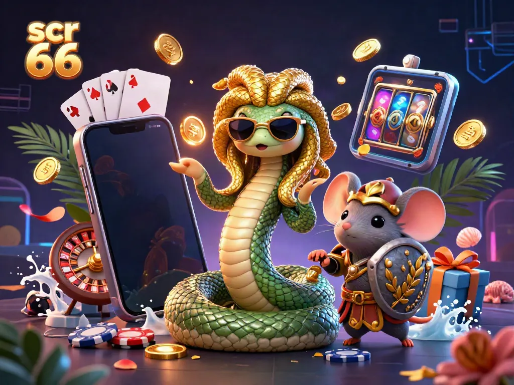 Spin to win at scr 66 with a vibrant casino-themed cartoon featuring Medusa and a warrior mouse.