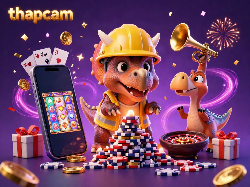 Experience thapcam's thrilling online casino vibe with a lively 3D illustration of joyful characters and various gaming elements.