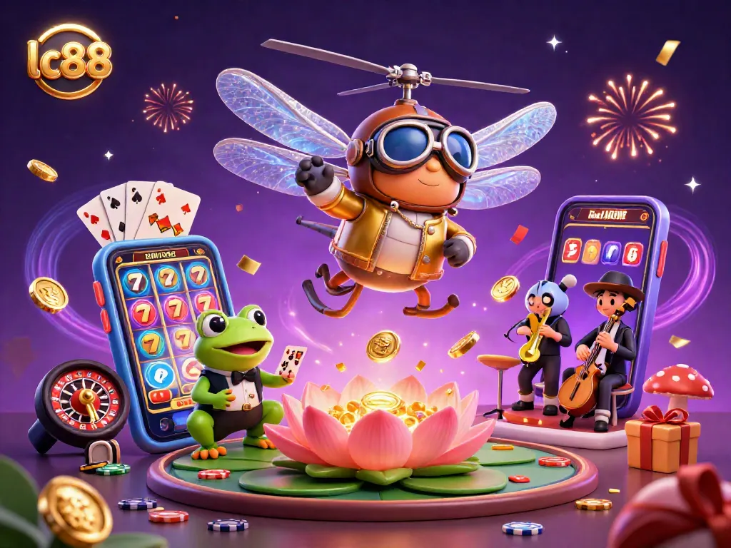 Spin away on lc88-inspired slots while a frog croupier deals in a vibrant digital casino scene.