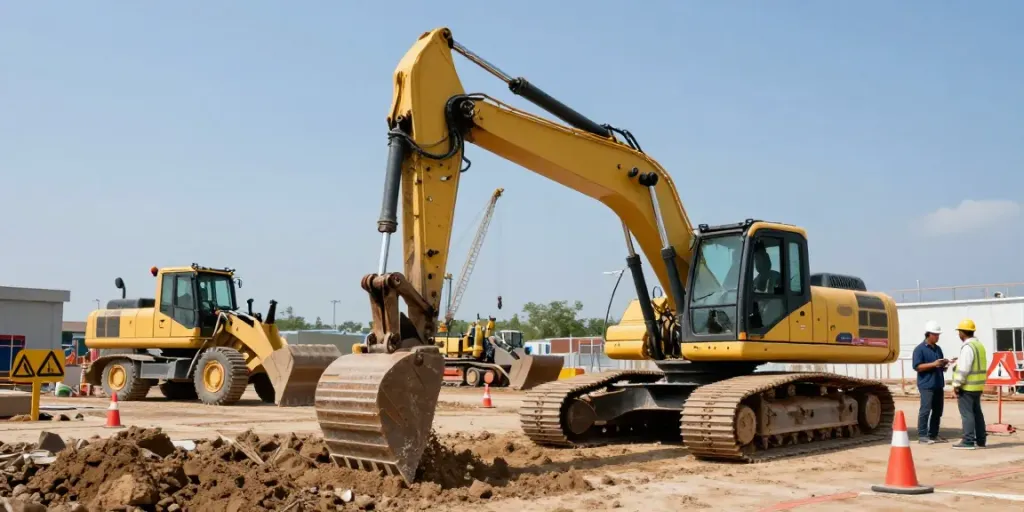 Heavy Machinery Loans supporting a busy construction site with excavators and loaders in action.