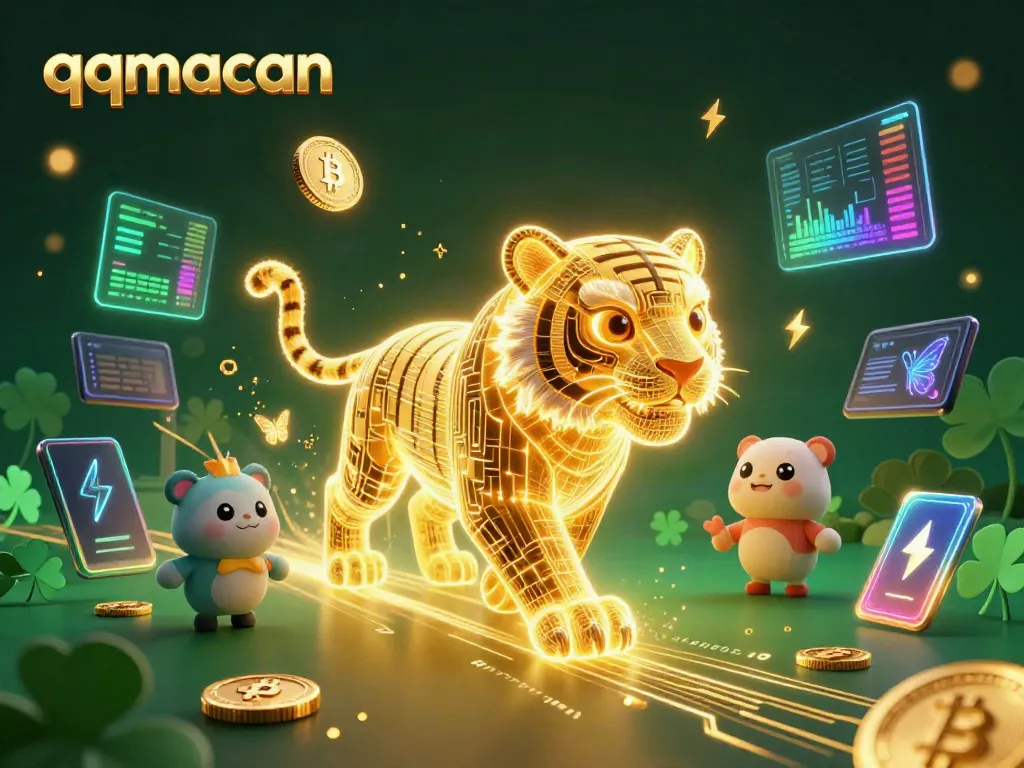 Engage in vibrant casino excitement with qqmacan's golden tiger and neon cryptocurrency elements.
