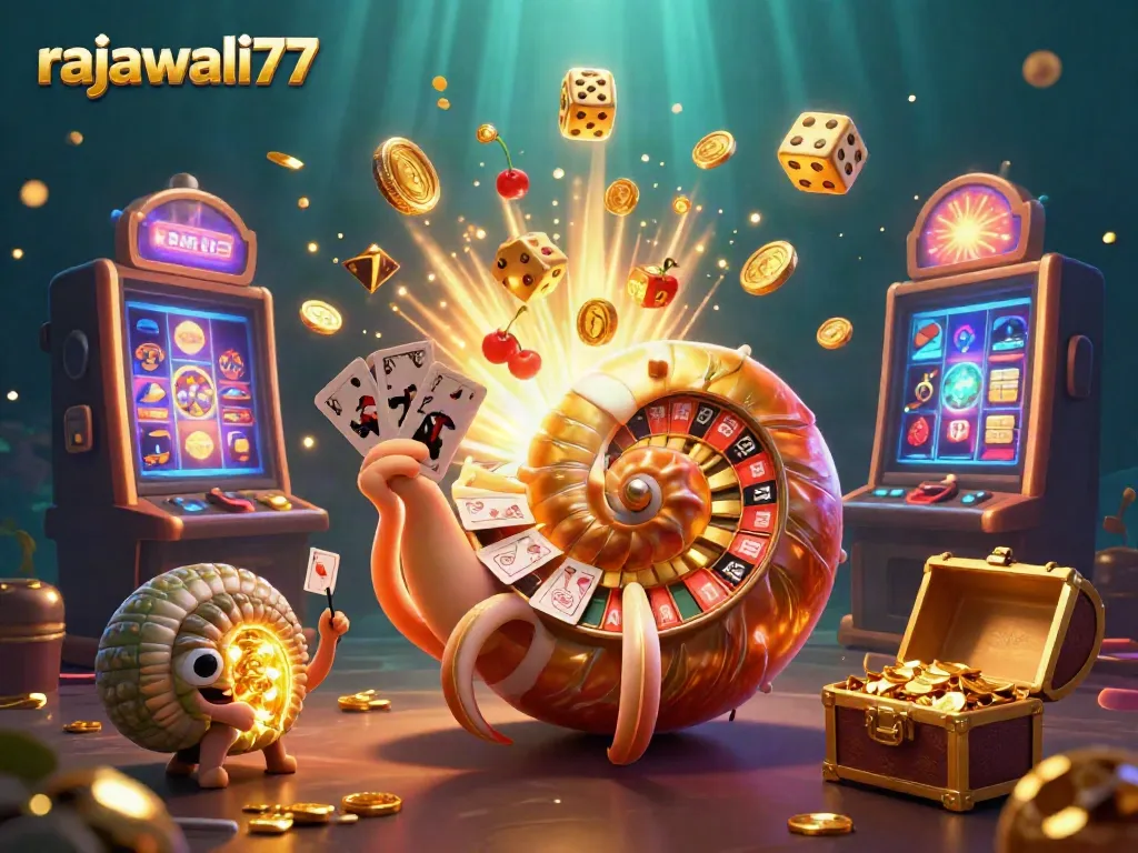 Gambarkan rajawali77 dengan nautilus kuno sebagai roda roulette dikelilingi slot jackpot menang besar