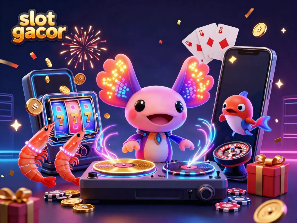Experience thrilling slot gacor excitement with vibrant characters and interactive games in an energetic illustration.
