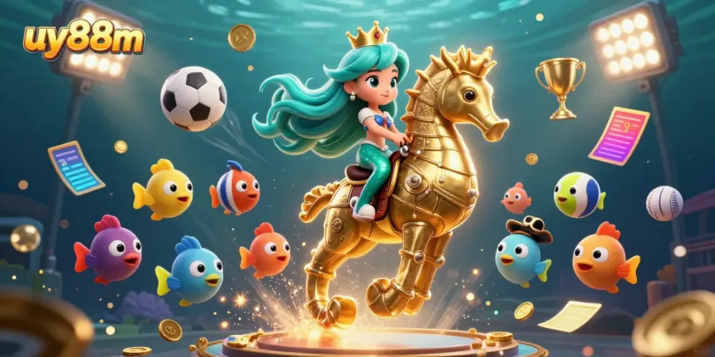 Experience the vibrant energy of uy88m with a mermaid princess and seahorse amid dynamic sports elements.