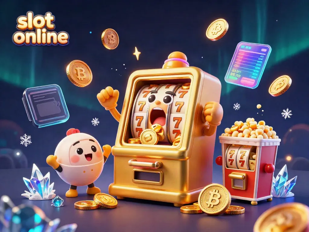 Exciting slot online scene featuring a cartoon slot machine celebrating a jackpot with cheering machines and coins.