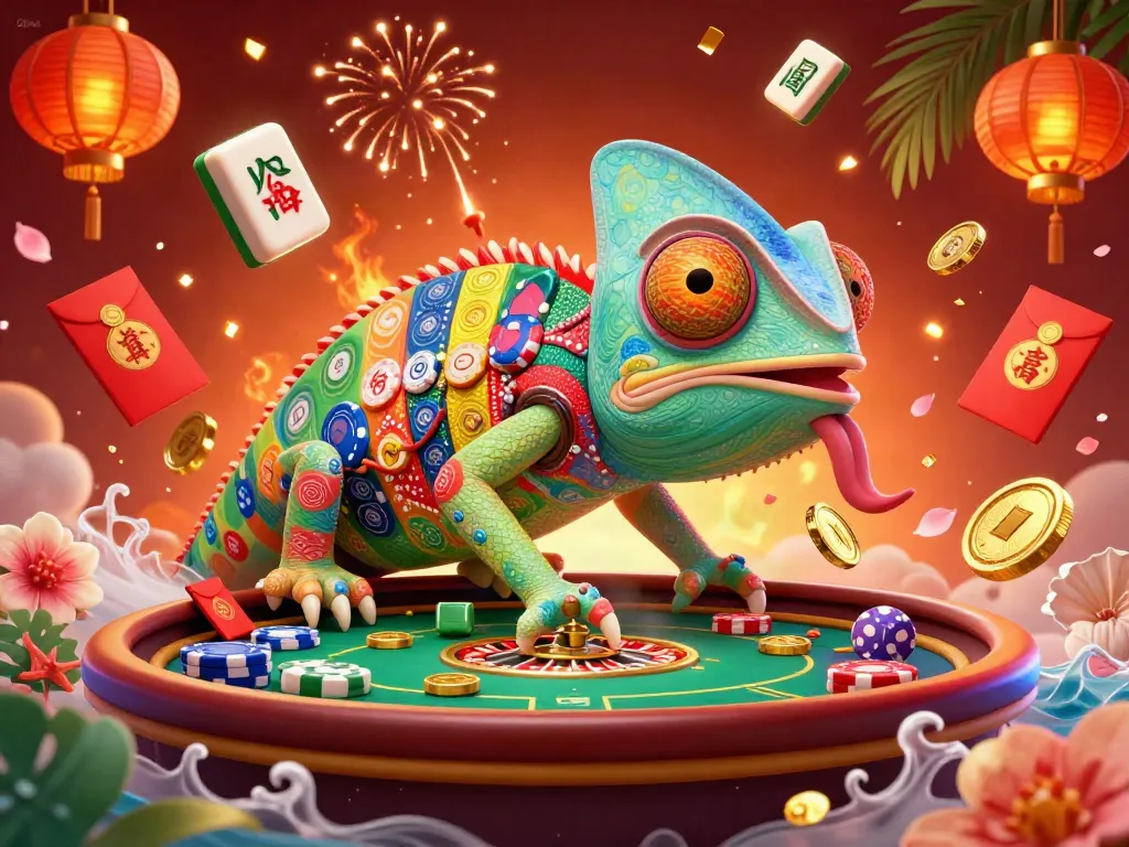 Experience Onbet's vibrant 3D casino world with a colorful chameleon character in a bustling gaming environment.