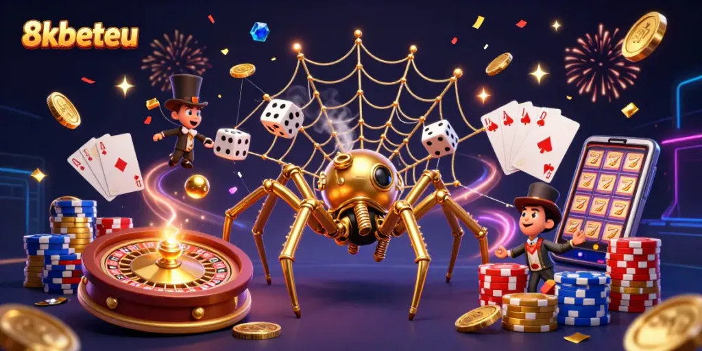 Experience thrilling gaming action with 8xbeteu’s stunning 3D illustration featuring roulette, cards, and golden coins.