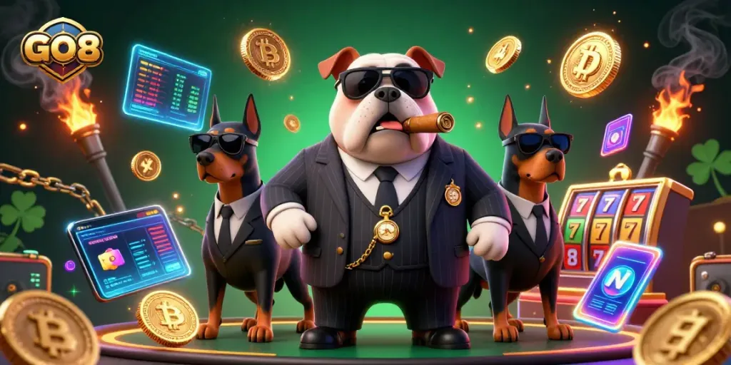 Experience the excitement of GO8 casino gaming with a mafia-themed 3D illustration, showcasing vibrant slot reels and crypto elements.