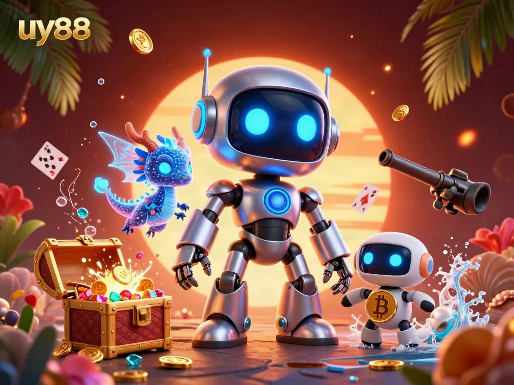 Experience exhilarating gaming with uy88 in this vibrant 3D cyberpunk casino scene.