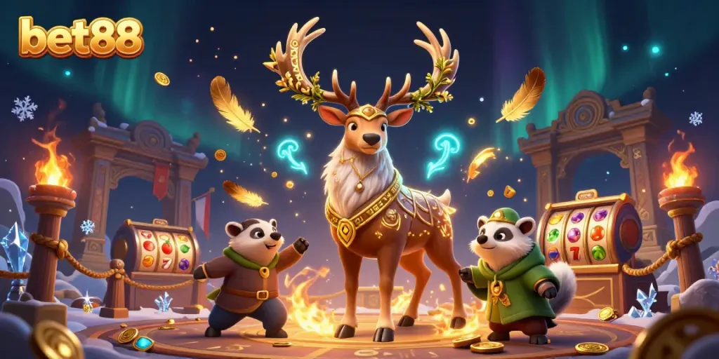 Spin the reels with bet88 in a vibrant casino scene featuring a Celtic druid stag and magical elements.