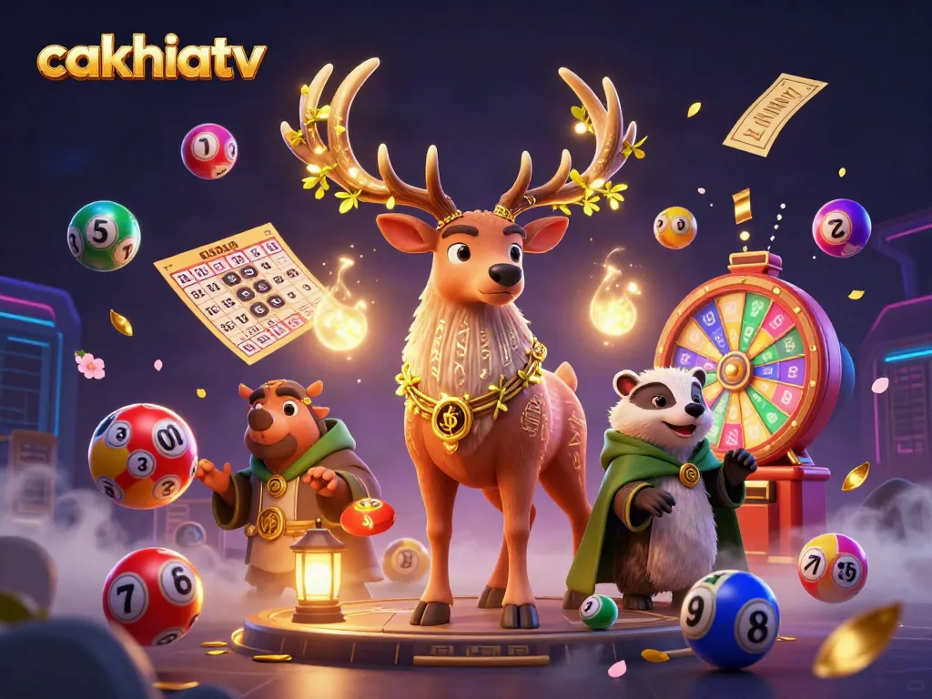 Cakhiatv brings vibrant online gambling to life with dynamic lottery-themed 3D illustration.
