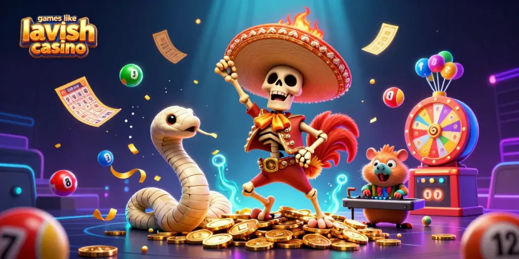 Experience games like Lavish Luck Casino with vibrant characters dancing on gold coins and winning elements.