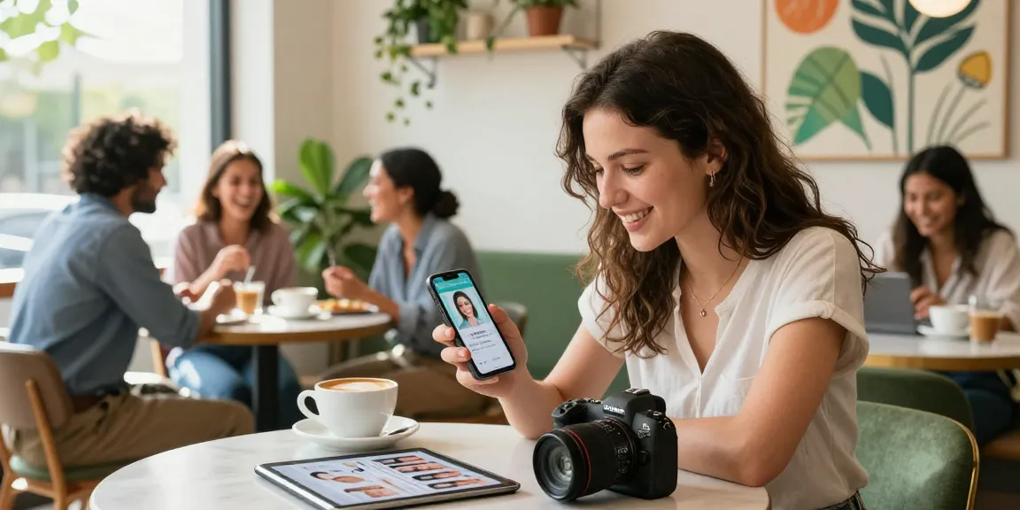 Curious woman using facial age estimator app on her phone, wondering how old do I look in a café setting.